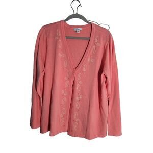 Vintage Women's XL Pink Embroidered Cardigan Leaves White CottageCore Coquette